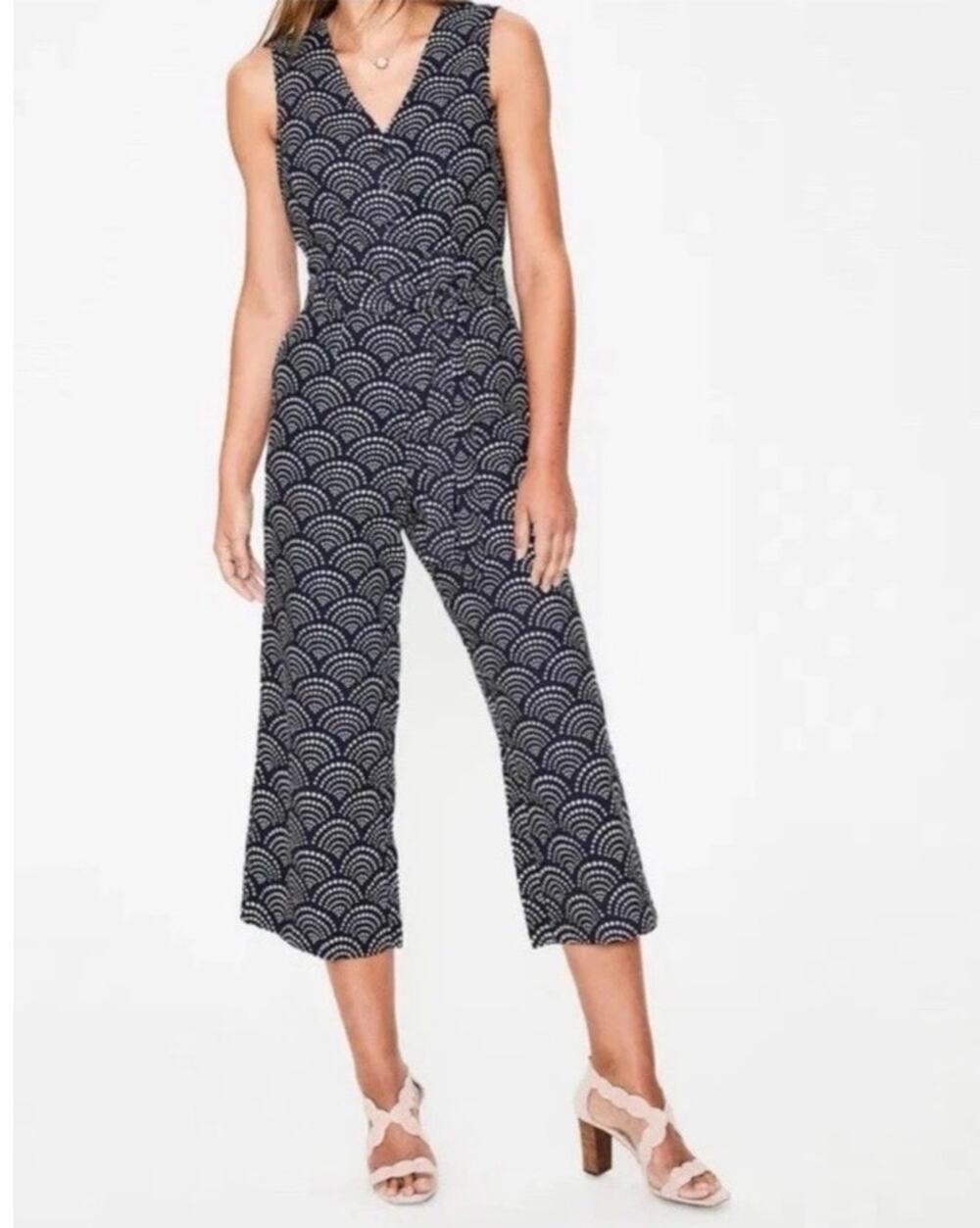 Boden Blue Print Cotton Linen Jumpsuit Cropped Wide Leg Belted Pockets Size 8
